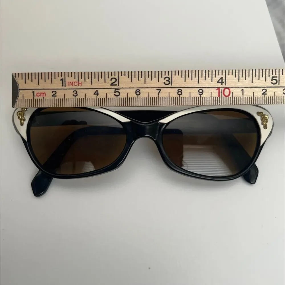 VINTAGE 1950's-60's SUNGLASSES | White, Black & Gold Accent Cat-Eye | Small
